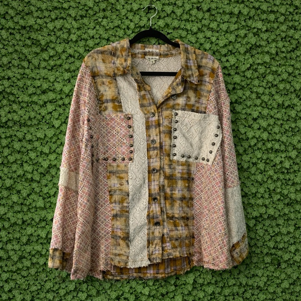 Pol Mixed Media Patchwork Button Down Shirt | Ove… - image 3